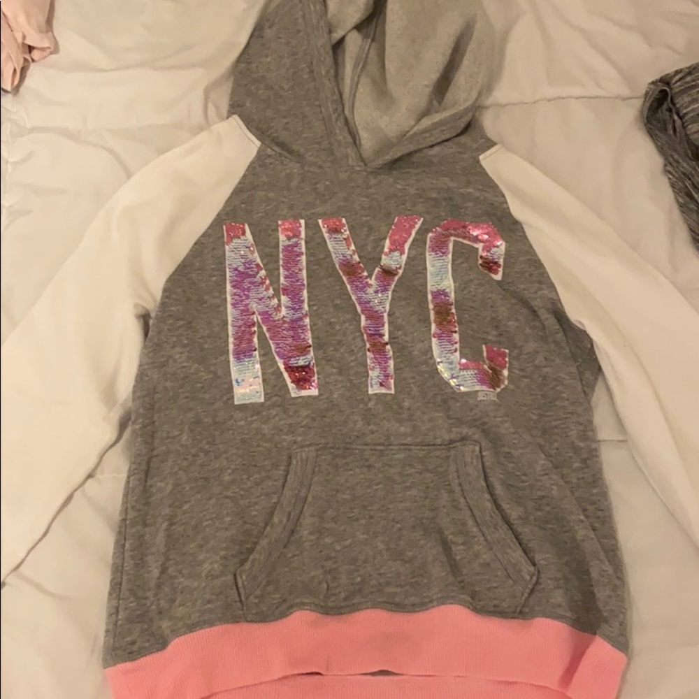 gray and pink hoodie